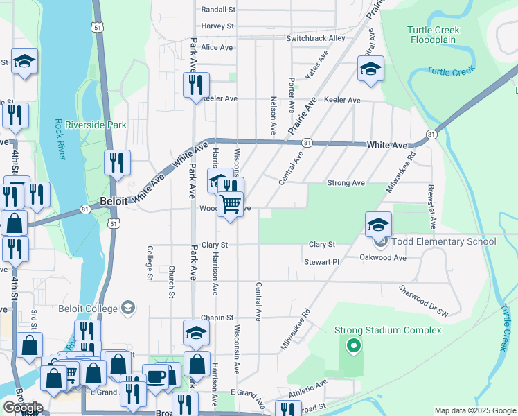 map of restaurants, bars, coffee shops, grocery stores, and more near 1131 Woodward Avenue in Beloit