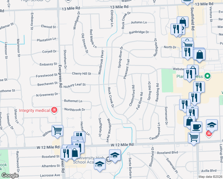 map of restaurants, bars, coffee shops, grocery stores, and more near 19191 Hickory Leaf Street in Southfield