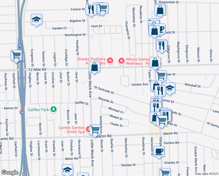 map of restaurants, bars, coffee shops, grocery stores, and more near 20935 Saint Gertrude Street in St. Clair Shores