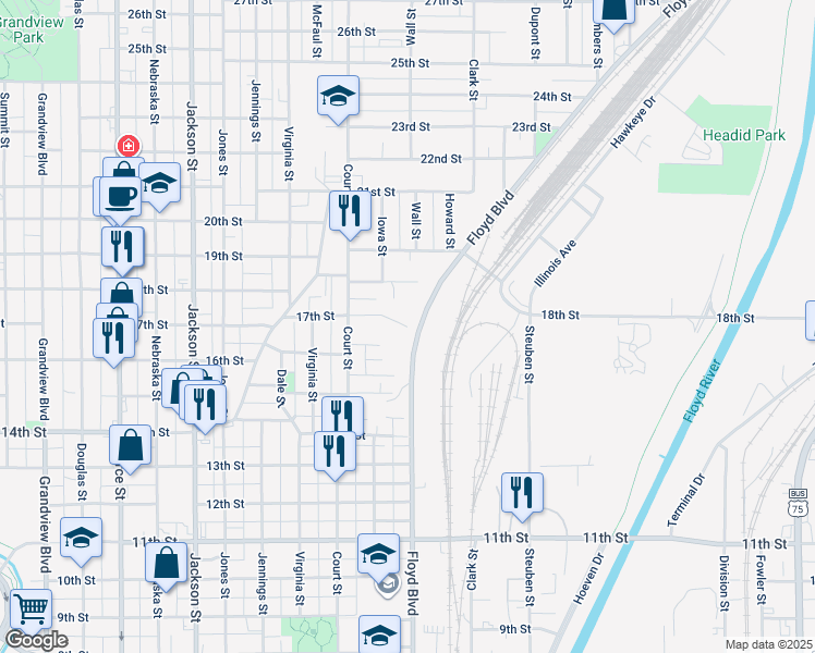 map of restaurants, bars, coffee shops, grocery stores, and more near 1299 17th St in Sioux City