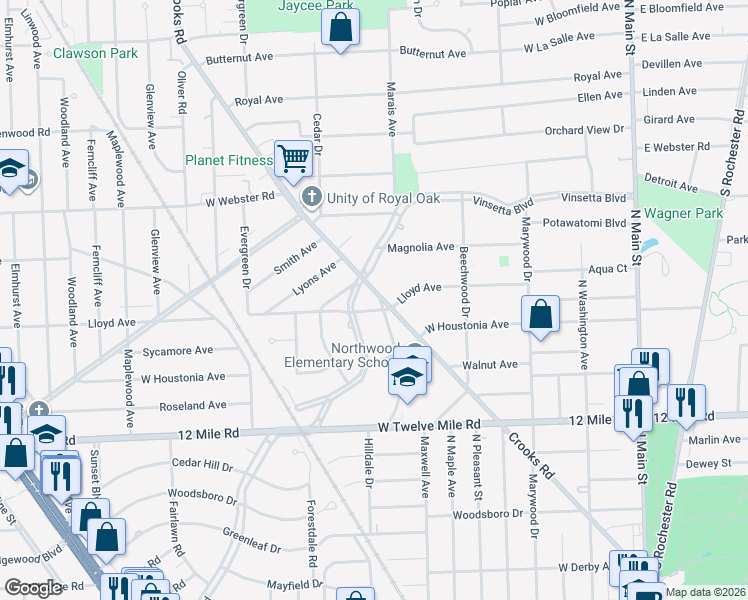 map of restaurants, bars, coffee shops, grocery stores, and more near 2222 Vinsetta Boulevard in Royal Oak