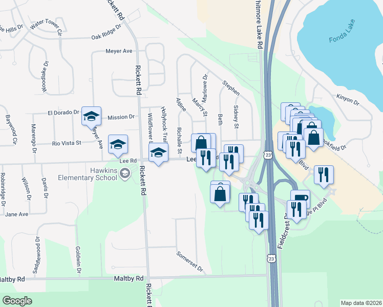 map of restaurants, bars, coffee shops, grocery stores, and more near 6429 Aldine in Brighton