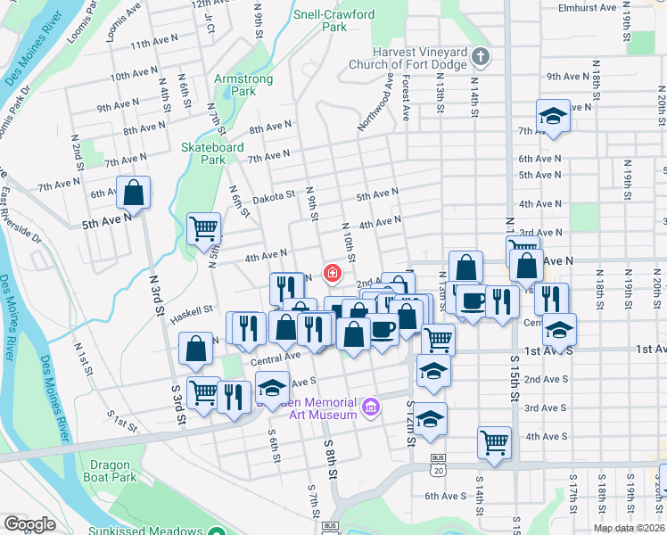 map of restaurants, bars, coffee shops, grocery stores, and more near 913 3rd Avenue North in Fort Dodge