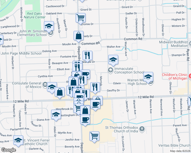 map of restaurants, bars, coffee shops, grocery stores, and more near 29356 Dequindre Road in Warren