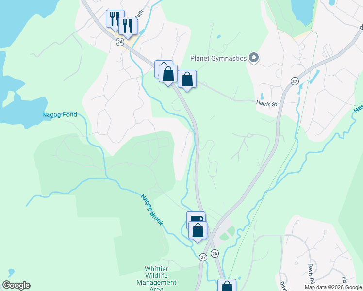 map of restaurants, bars, coffee shops, grocery stores, and more near 390 Great Road in Acton