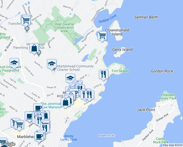 map of restaurants, bars, coffee shops, grocery stores, and more near 10 Orne Street in Marblehead