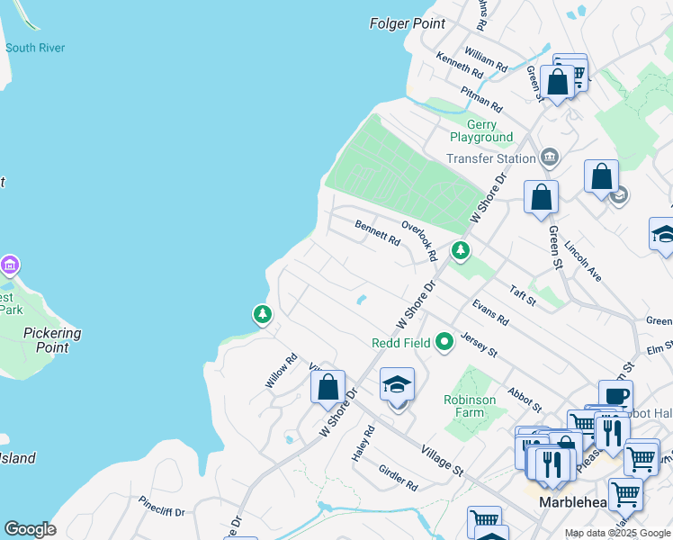map of restaurants, bars, coffee shops, grocery stores, and more near 153 Jersey Street in Marblehead