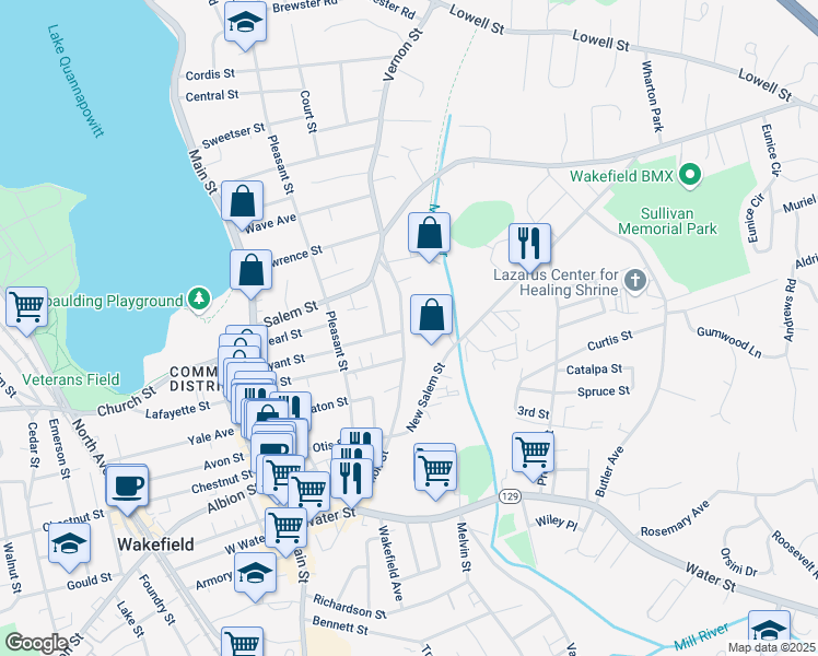 map of restaurants, bars, coffee shops, grocery stores, and more near 116 Vernon Street in Wakefield