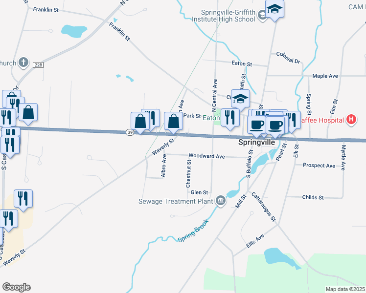 map of restaurants, bars, coffee shops, grocery stores, and more near 168 West Main Street in Springville