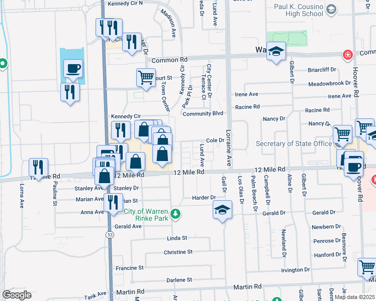 map of restaurants, bars, coffee shops, grocery stores, and more near 29250 Longview Avenue in Warren