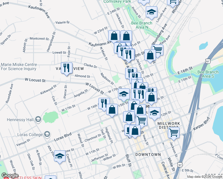 map of restaurants, bars, coffee shops, grocery stores, and more near 1745 Madison Street in Dubuque