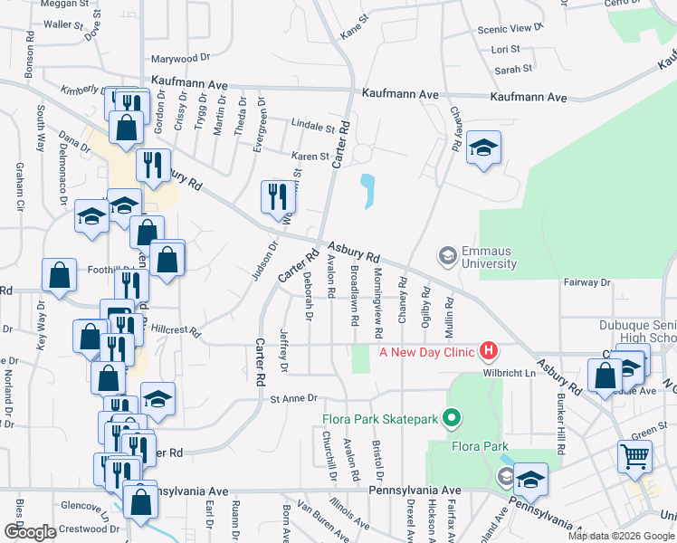 map of restaurants, bars, coffee shops, grocery stores, and more near 2191 Broadlawn Rd in Dubuque