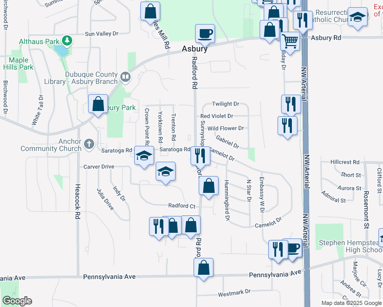 map of restaurants, bars, coffee shops, grocery stores, and more near 2100-2198 Radford Rd in Asbury