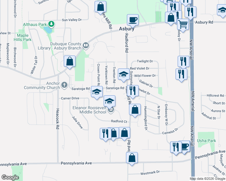 map of restaurants, bars, coffee shops, grocery stores, and more near 2110 Trenton Rd in Dubuque