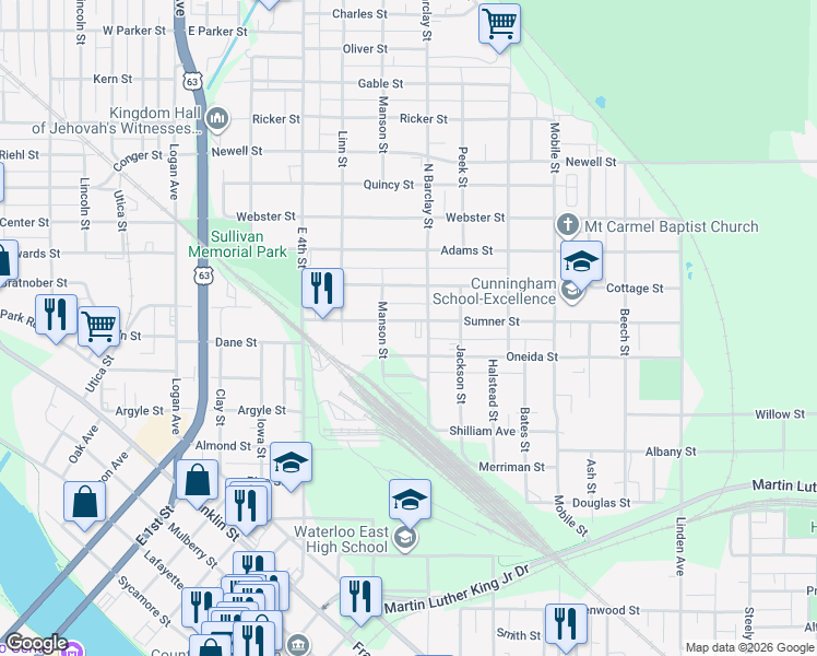 map of restaurants, bars, coffee shops, grocery stores, and more near 339 Sumner St in Waterloo