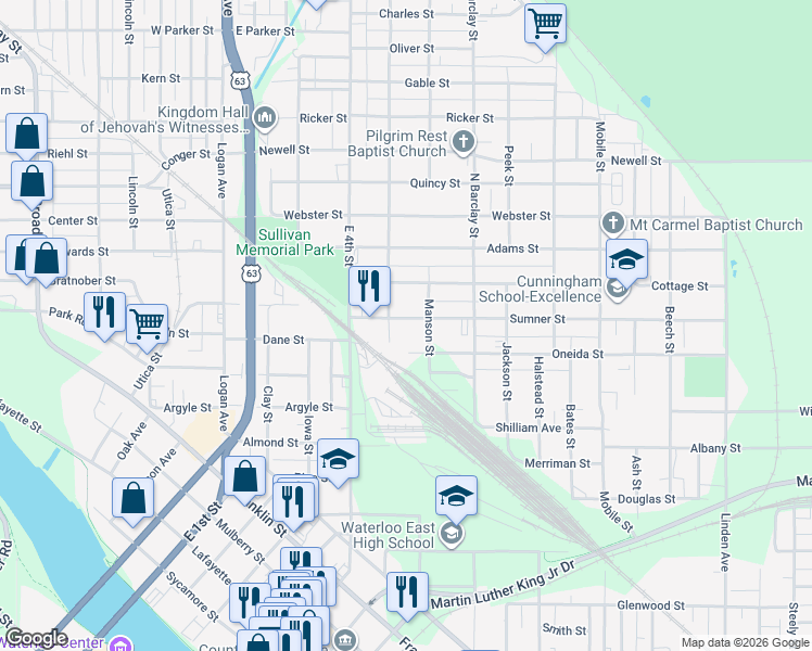 map of restaurants, bars, coffee shops, grocery stores, and more near 203 Sumner Street in Waterloo