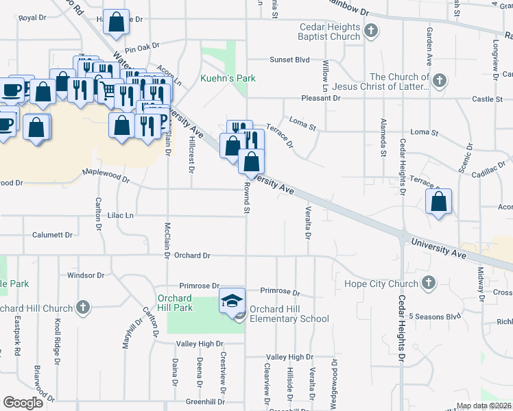map of restaurants, bars, coffee shops, grocery stores, and more near 3201-3399 Rownd Street in Cedar Falls