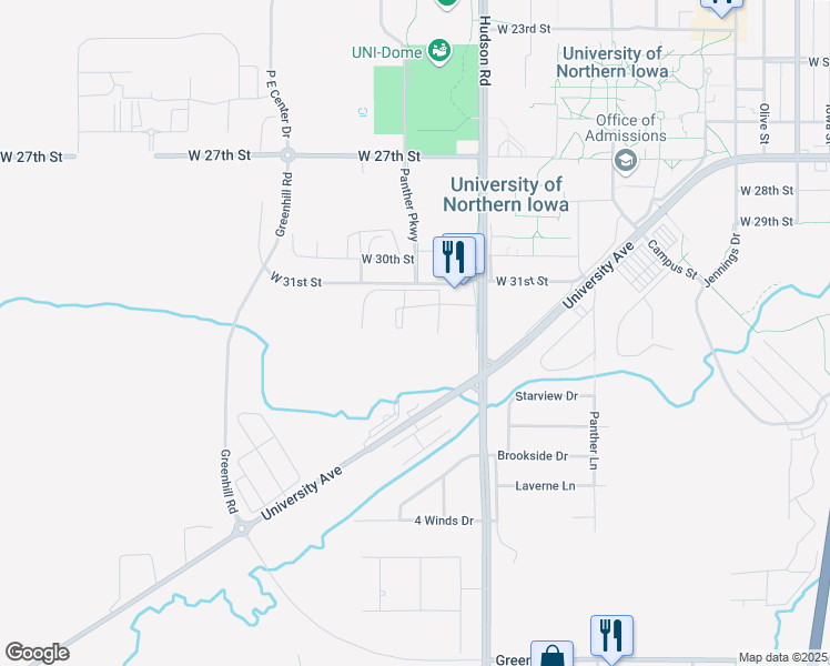 map of restaurants, bars, coffee shops, grocery stores, and more near 3210 Spring Valley Lane in Cedar Falls