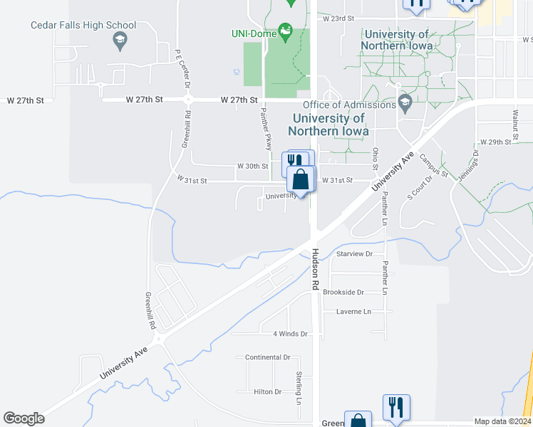 map of restaurants, bars, coffee shops, grocery stores, and more near 3119 Hudson Road in Cedar Falls