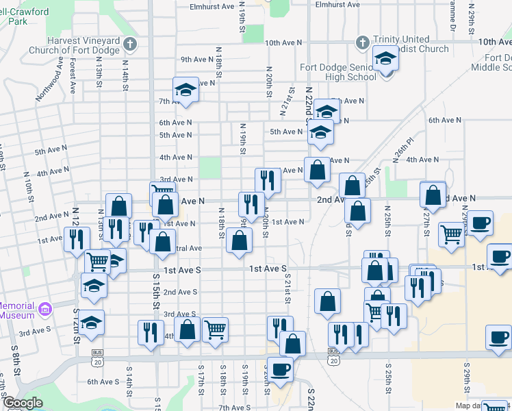 map of restaurants, bars, coffee shops, grocery stores, and more near 1920 2nd Avenue North in Fort Dodge