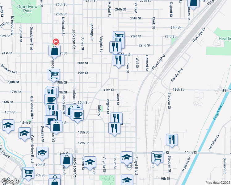 map of restaurants, bars, coffee shops, grocery stores, and more near 1700-1746 Court St in Sioux City