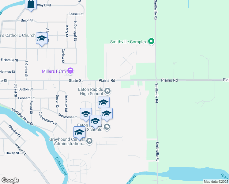 map of restaurants, bars, coffee shops, grocery stores, and more near 800 State Street in Eaton Rapids