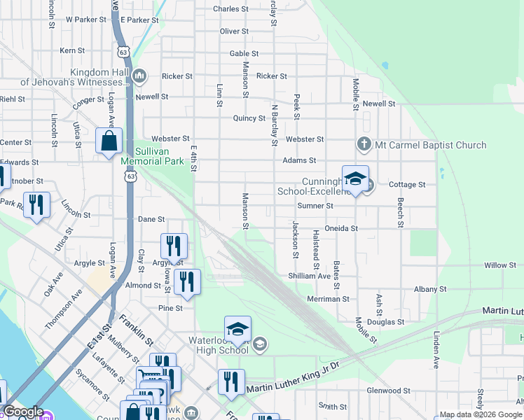 map of restaurants, bars, coffee shops, grocery stores, and more near 339 Sumner St in Waterloo