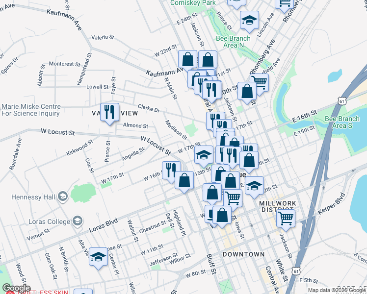 map of restaurants, bars, coffee shops, grocery stores, and more near 1745 Madison Street in Dubuque