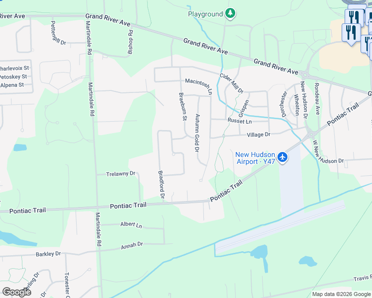 map of restaurants, bars, coffee shops, grocery stores, and more near 58297 Missaukee Lane in Lyon Charter Township