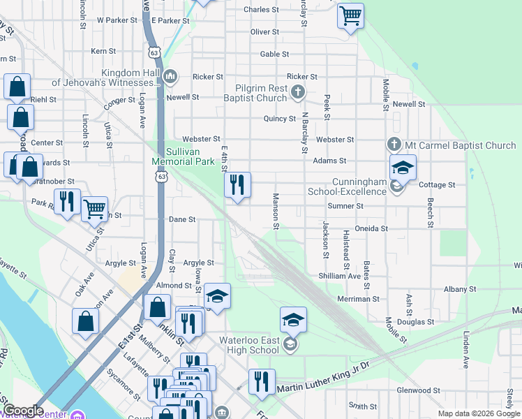 map of restaurants, bars, coffee shops, grocery stores, and more near 203 Sumner Street in Waterloo