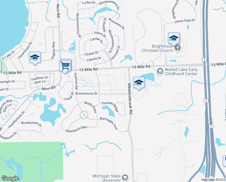 map of restaurants, bars, coffee shops, grocery stores, and more near 41786 Brownstone Drive in Novi