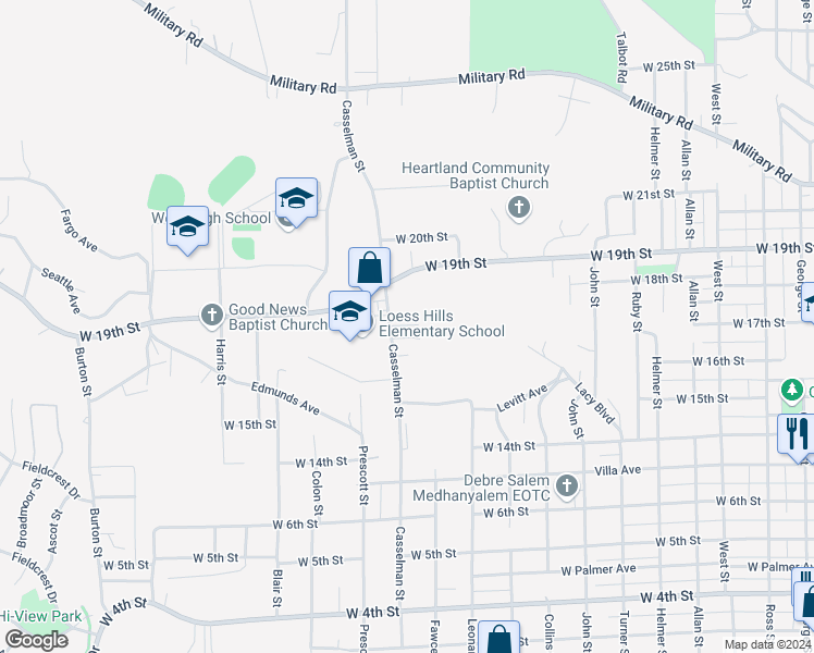 map of restaurants, bars, coffee shops, grocery stores, and more near 2550 Cassel Place in Sioux City