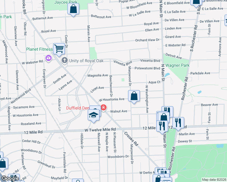 map of restaurants, bars, coffee shops, grocery stores, and more near 633 Lloyd Avenue in Royal Oak