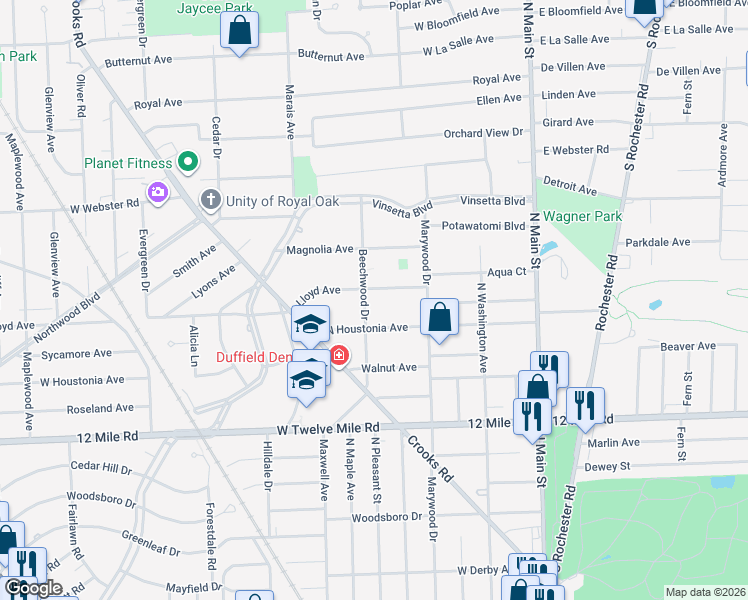 map of restaurants, bars, coffee shops, grocery stores, and more near 633 Lloyd Avenue in Royal Oak