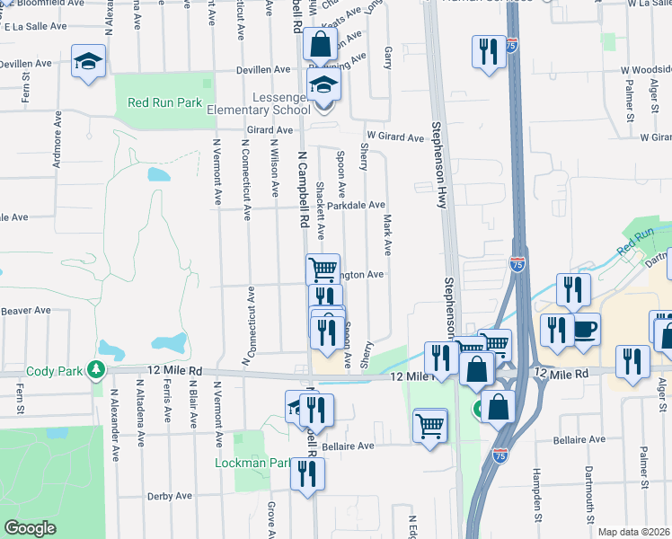 map of restaurants, bars, coffee shops, grocery stores, and more near 29338 Shackett Avenue in Madison Heights