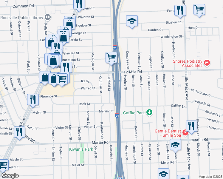 map of restaurants, bars, coffee shops, grocery stores, and more near 28840 Garfield Street in Roseville