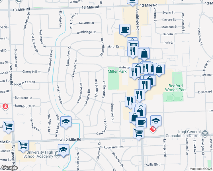 map of restaurants, bars, coffee shops, grocery stores, and more near 29868 Rambling Road in Southfield