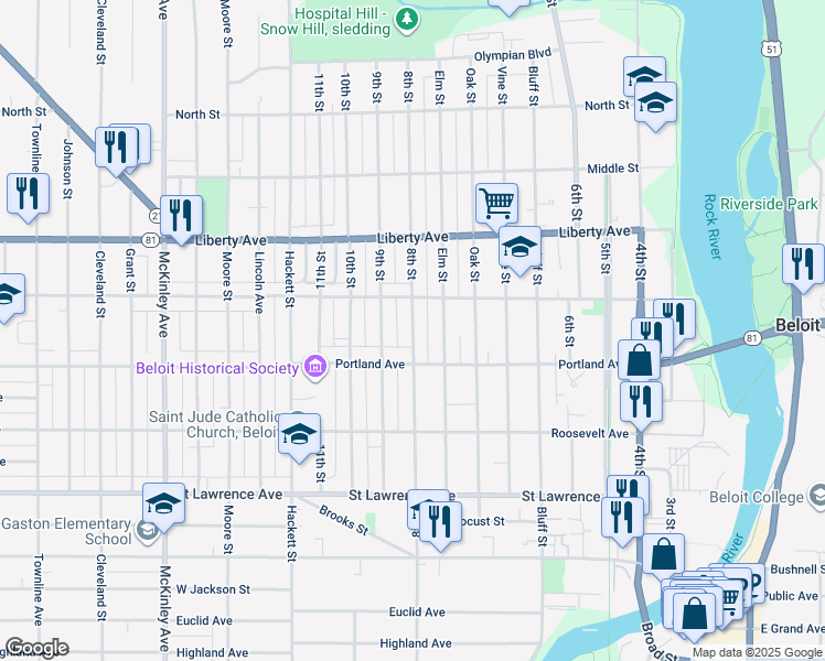 map of restaurants, bars, coffee shops, grocery stores, and more near 8th Street in Beloit