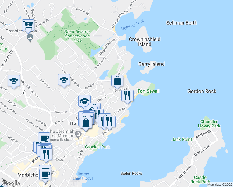 map of restaurants, bars, coffee shops, grocery stores, and more near 10 Orne Street in Marblehead