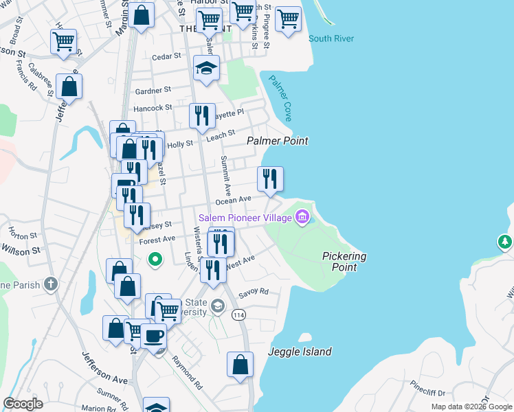 map of restaurants, bars, coffee shops, grocery stores, and more near 13 Ocean Avenue in Salem