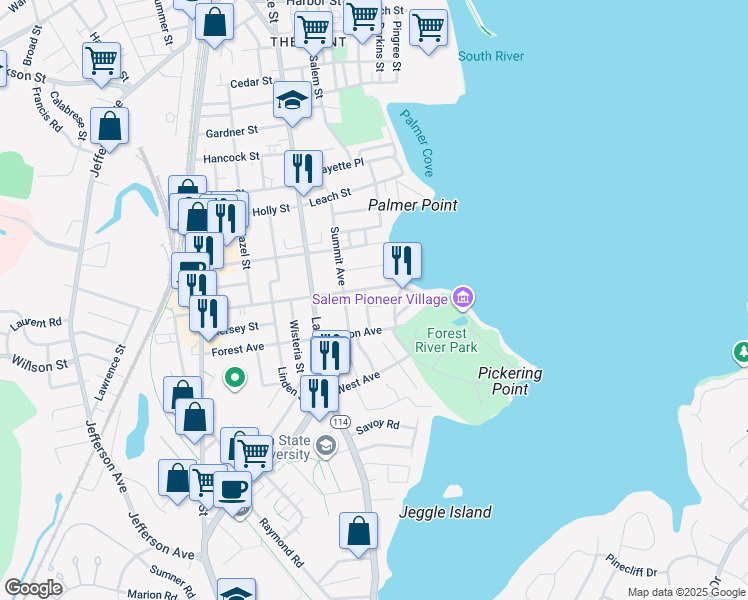 map of restaurants, bars, coffee shops, grocery stores, and more near 13 Ocean Avenue in Salem
