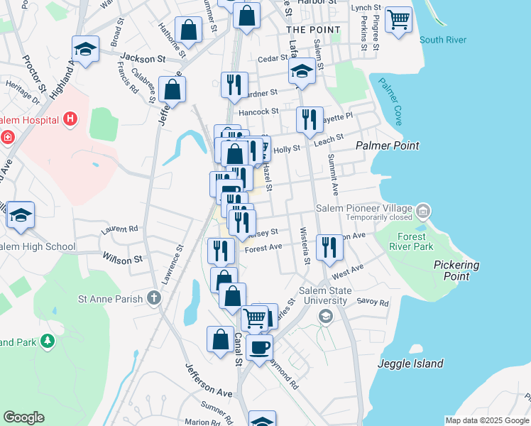 map of restaurants, bars, coffee shops, grocery stores, and more near 5 Meadow Street in Salem