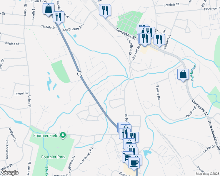 map of restaurants, bars, coffee shops, grocery stores, and more near 556 Central Street in Leominster