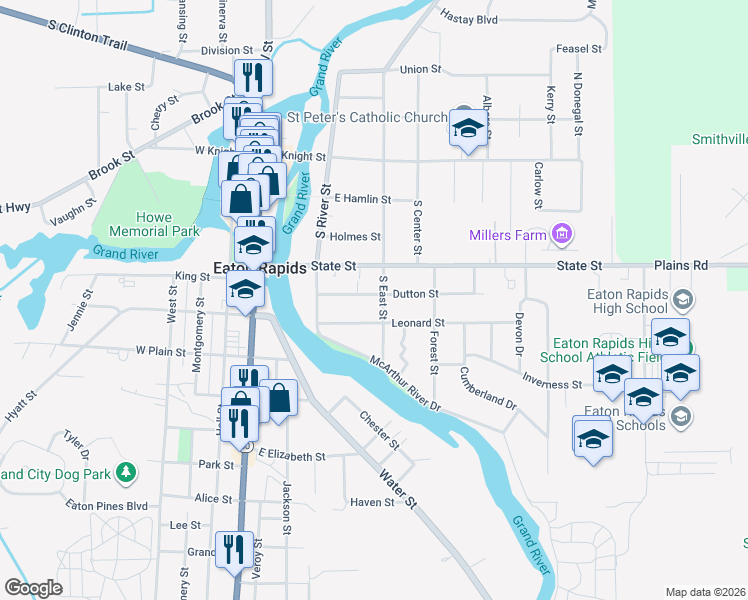 map of restaurants, bars, coffee shops, grocery stores, and more near 243 Dutton Street in Eaton Rapids