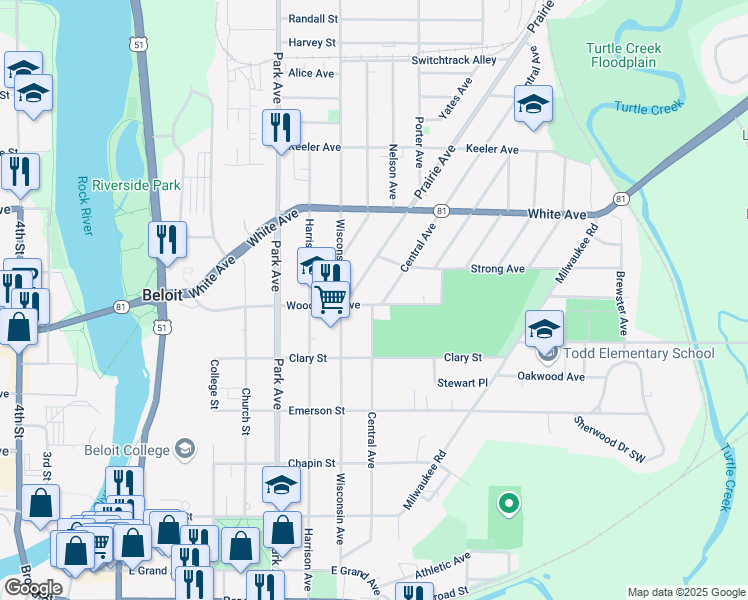 map of restaurants, bars, coffee shops, grocery stores, and more near 1015 Central Avenue in Beloit