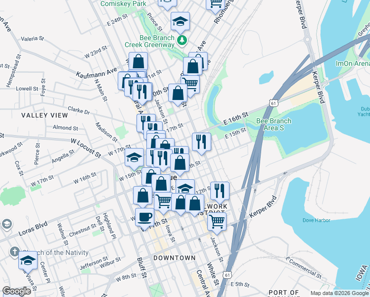map of restaurants, bars, coffee shops, grocery stores, and more near 1577 Washington Street in Dubuque