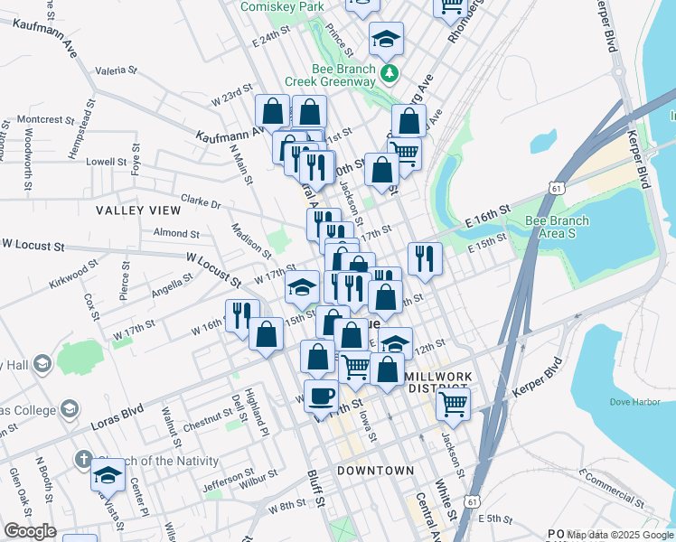 map of restaurants, bars, coffee shops, grocery stores, and more near 1685 Central Avenue in Dubuque