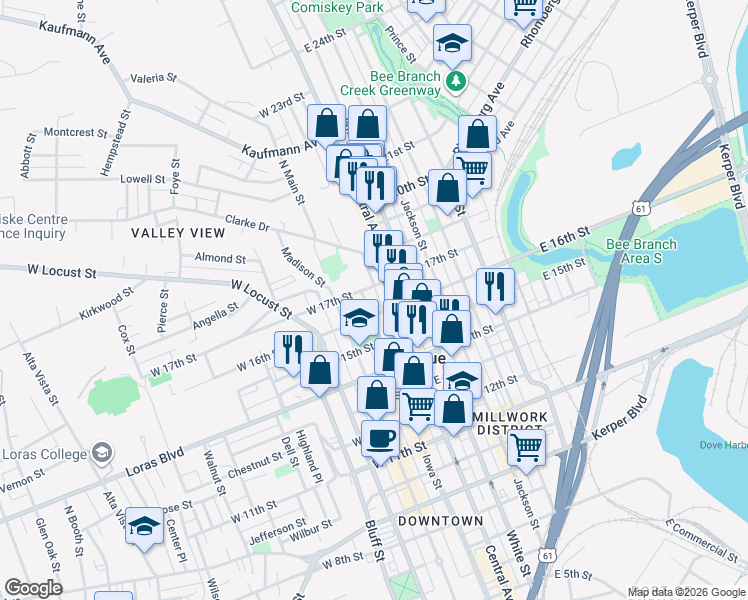 map of restaurants, bars, coffee shops, grocery stores, and more near 1685 Central Avenue in Dubuque