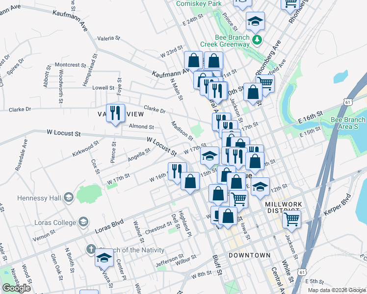 map of restaurants, bars, coffee shops, grocery stores, and more near 1745 Madison Street in Dubuque