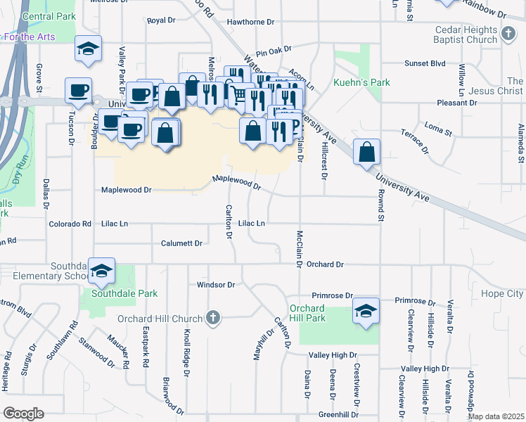 map of restaurants, bars, coffee shops, grocery stores, and more near 3232 Homeway Drive in Cedar Falls